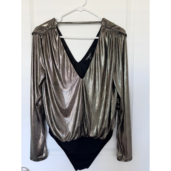 Express Tops - Express Metallic Silver Gold V-Neck Long Sleeve Bodysuit Medium NWT